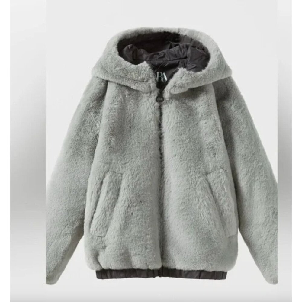 Zara Faux Fur Hooded Jacket Grey Kids Size 6